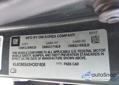 2017 Chevrolet Spark Ls Cvt z USA, uszkodzony, nr VIN KL8CB6SA3HC831608